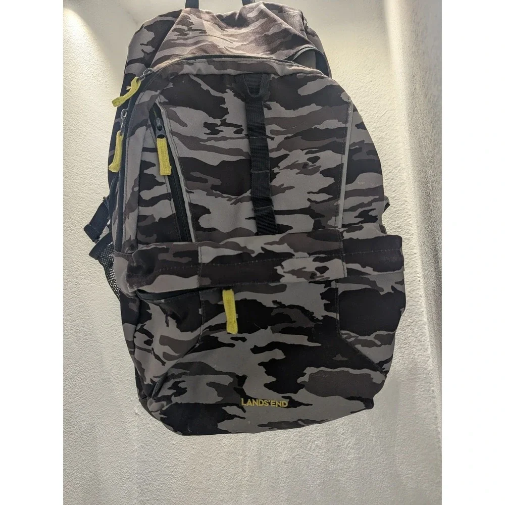 Lands' End Backpack Camo 3 Zip Large Pockets 2 Bottle Pockets Black Gray Yellow
